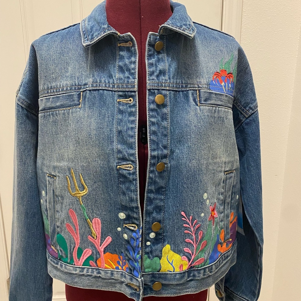 Disney Blue and Pink Jean Jacket with Whimsical Embroidery